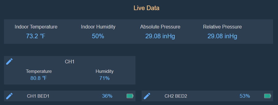 WSView Plus app showing live soil moisture and battery readings for both garden beds