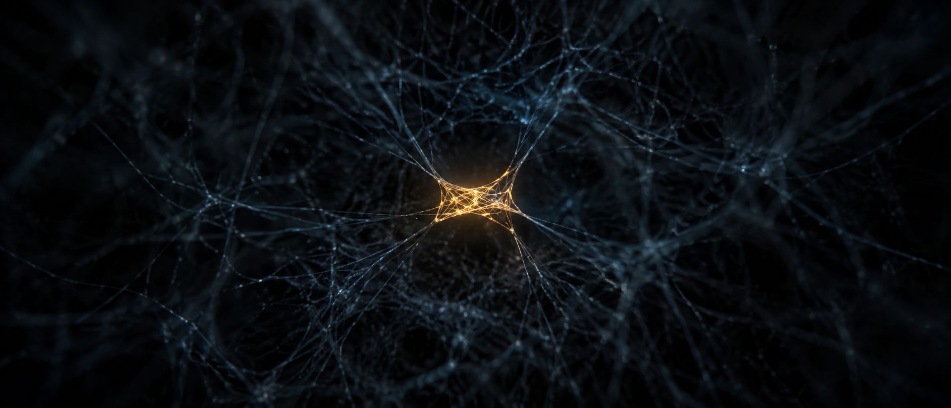 A small bright ordered lattice of golden filaments suspended in a vast dark tangle of dim blue threads